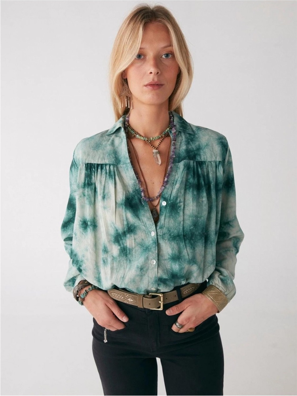 Maison Hotel Otis Tie-Dye Blouse Milky Way Green Viscose Size XSmall